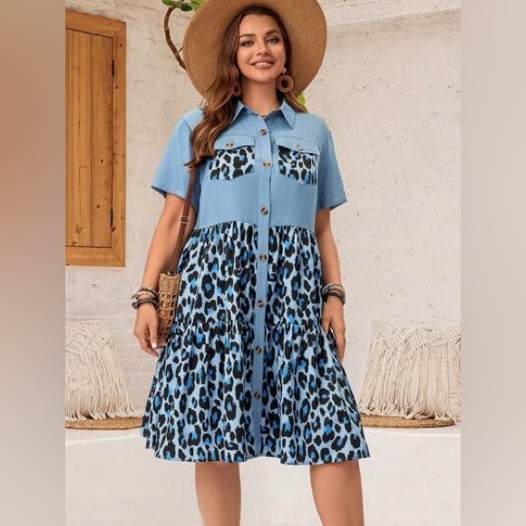 Dresses & Skirts - Blue Leopard Print Button-Down Dress